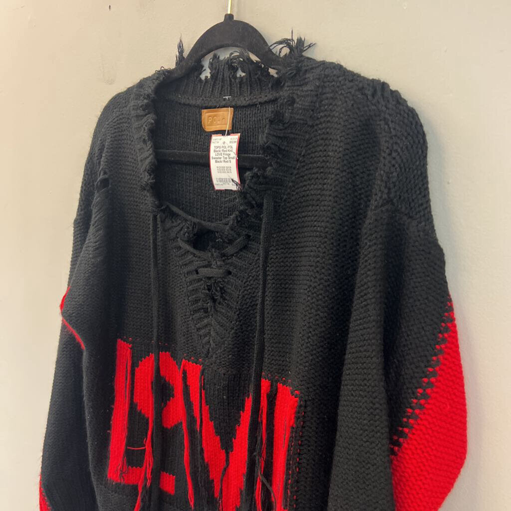 POL Black/ Red Knit LOVE Fringe Sweater Top Small