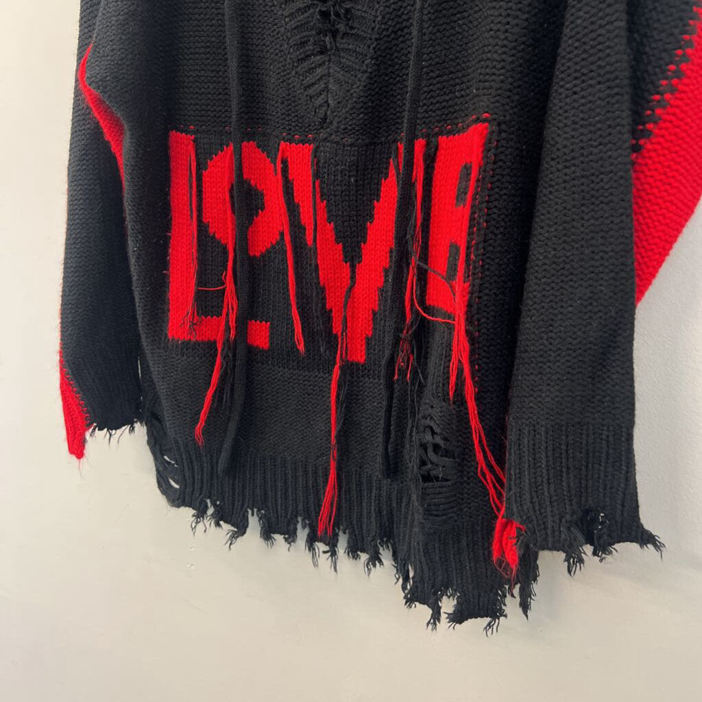 POL Black/ Red Knit LOVE Fringe Sweater Top Small