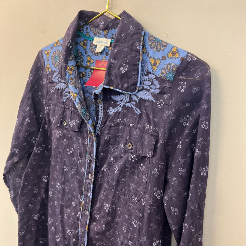 Sundance Blue Flower Print Embroidered Detail Long Sleeve Button Down Top Extra Small