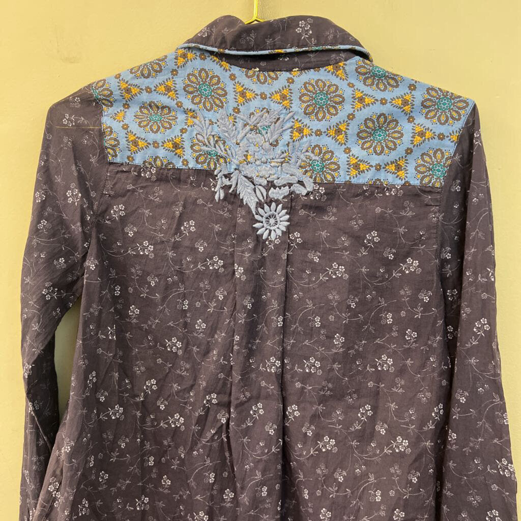 Sundance Blue Flower Print Embroidered Detail Long Sleeve Button Down Top Extra Small