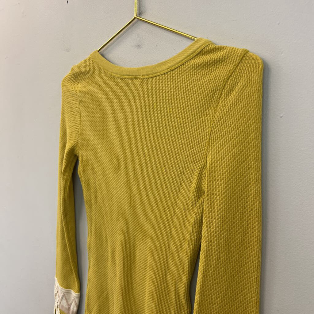 Free People Green Textured Embroidered Detail Long Sleeve Top Small