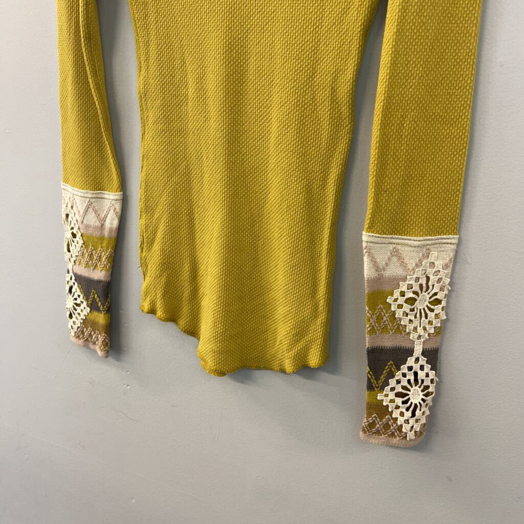 Free People Green Textured Embroidered Detail Long Sleeve Top Small