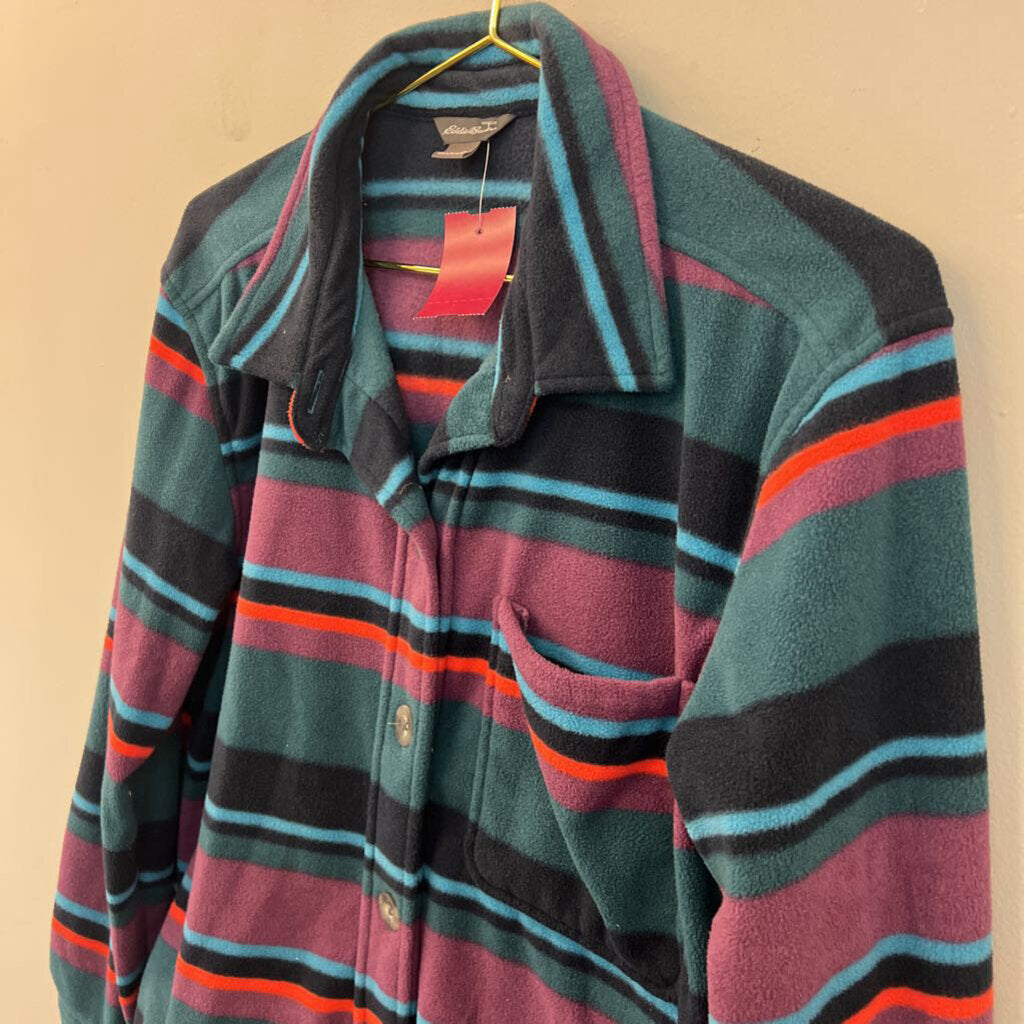 Eddie Bauer Teal/ Multi Striped Fleece Long Sleeve Button Down Top Small