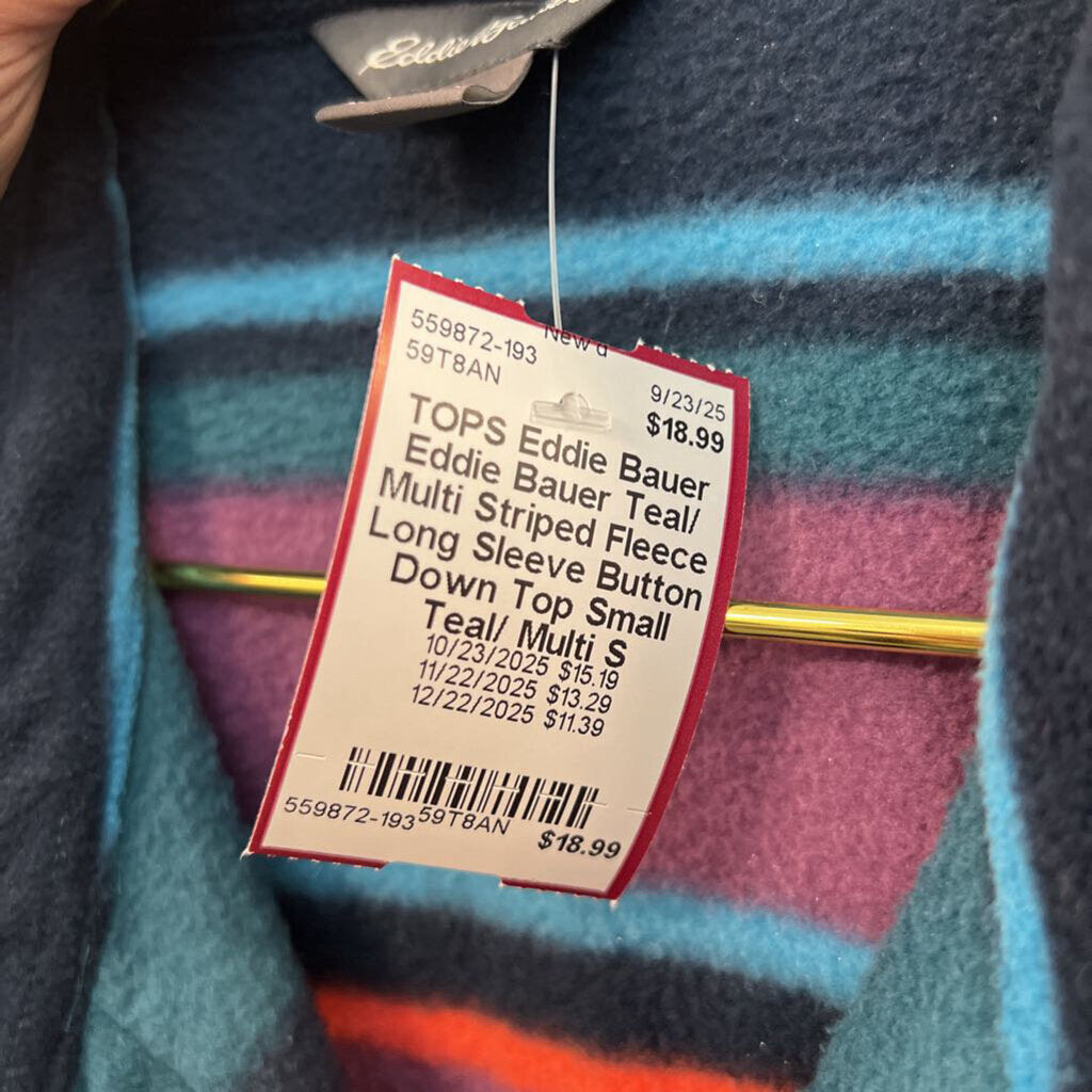 Eddie Bauer Teal/ Multi Striped Fleece Long Sleeve Button Down Top Small