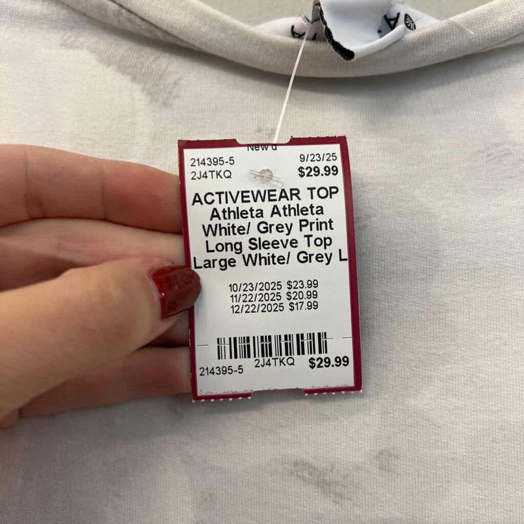 Athleta White/ Grey Print Long Sleeve Top Large