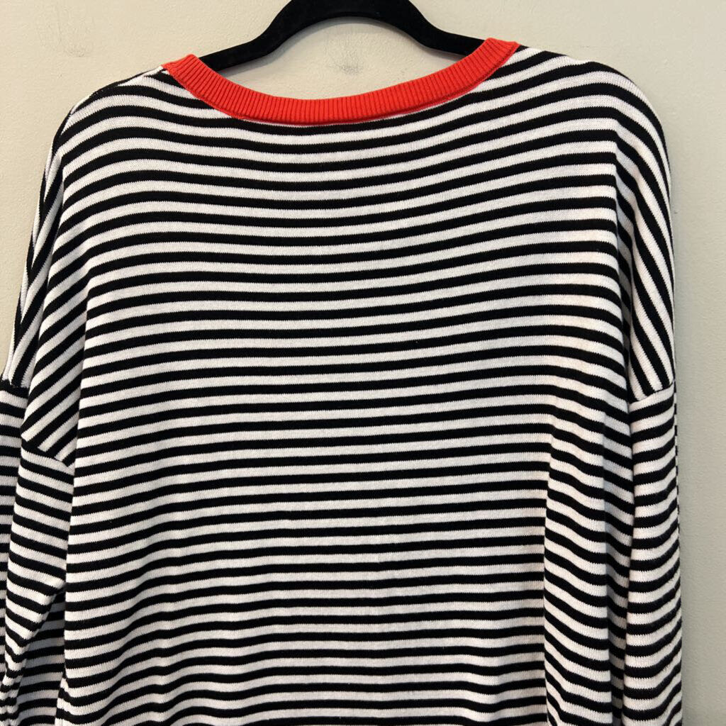 Black/ White Striped Orange Trim Long Sleeve Sweater Top Large