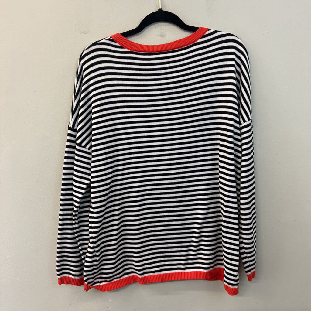 Black/ White Striped Orange Trim Long Sleeve Sweater Top Large
