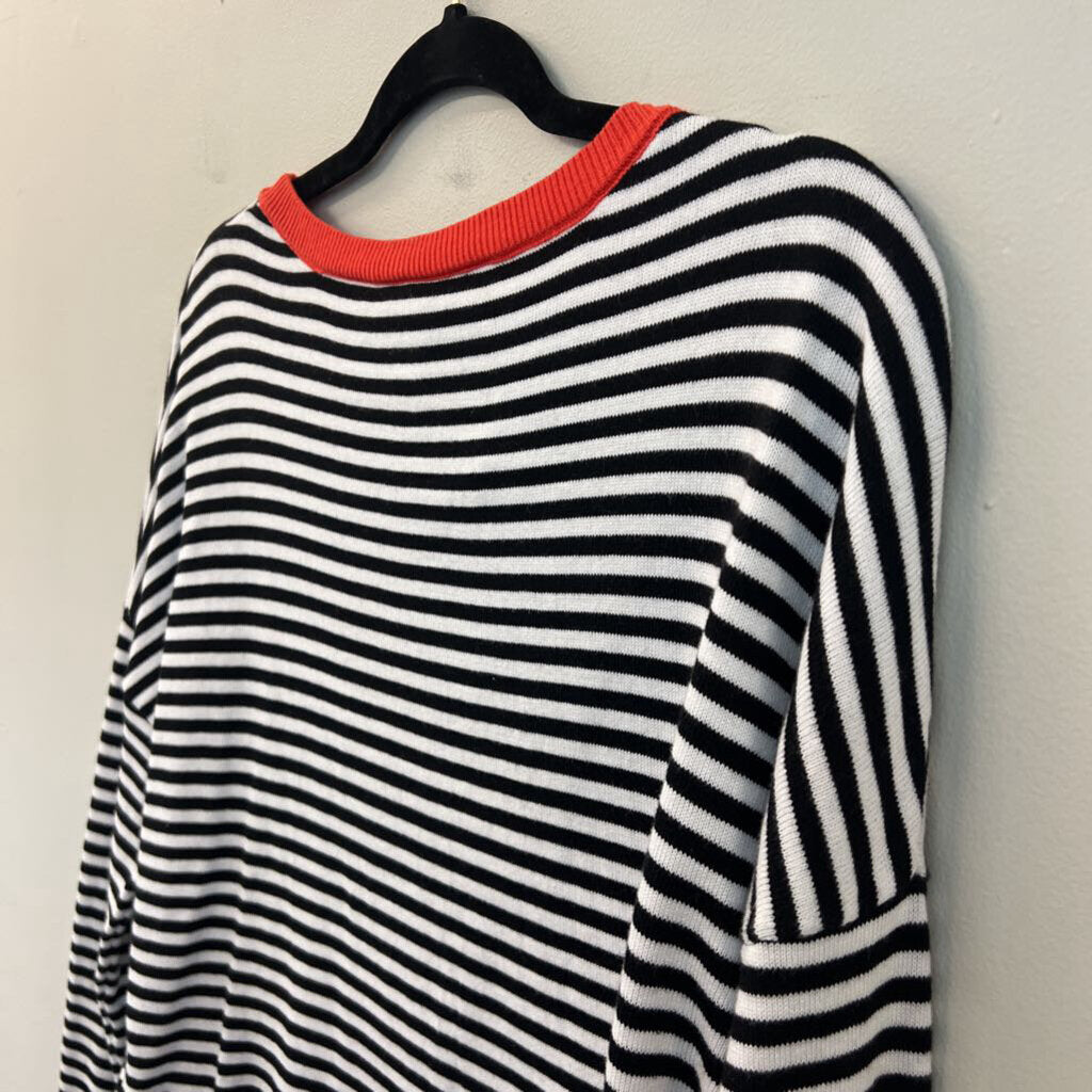 Black/ White Striped Orange Trim Long Sleeve Sweater Top Large
