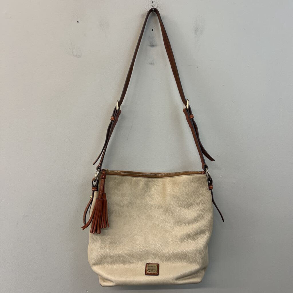 Dooney and Bourke Cream Pebbled Leather Brown Trim Crossbody Purse