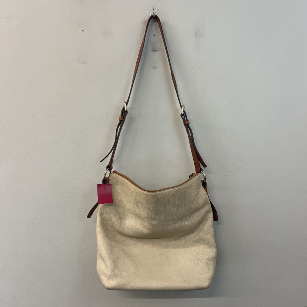 Dooney and Bourke Cream Pebbled Leather Brown Trim Crossbody Purse
