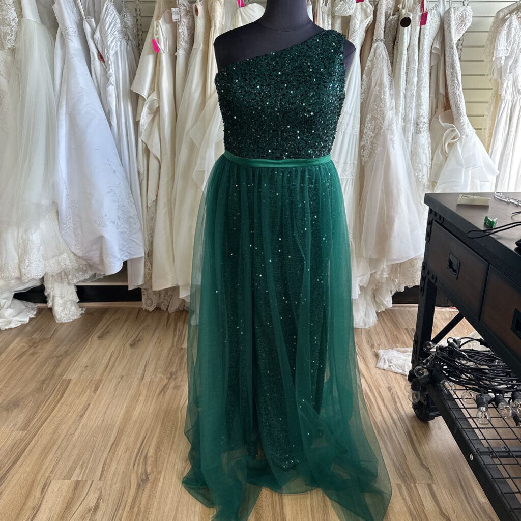Green Sequin One Shoulder Lace Up Back Long Formal Dress 18