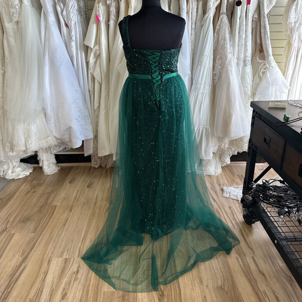 Green Sequin One Shoulder Lace Up Back Long Formal Dress 18