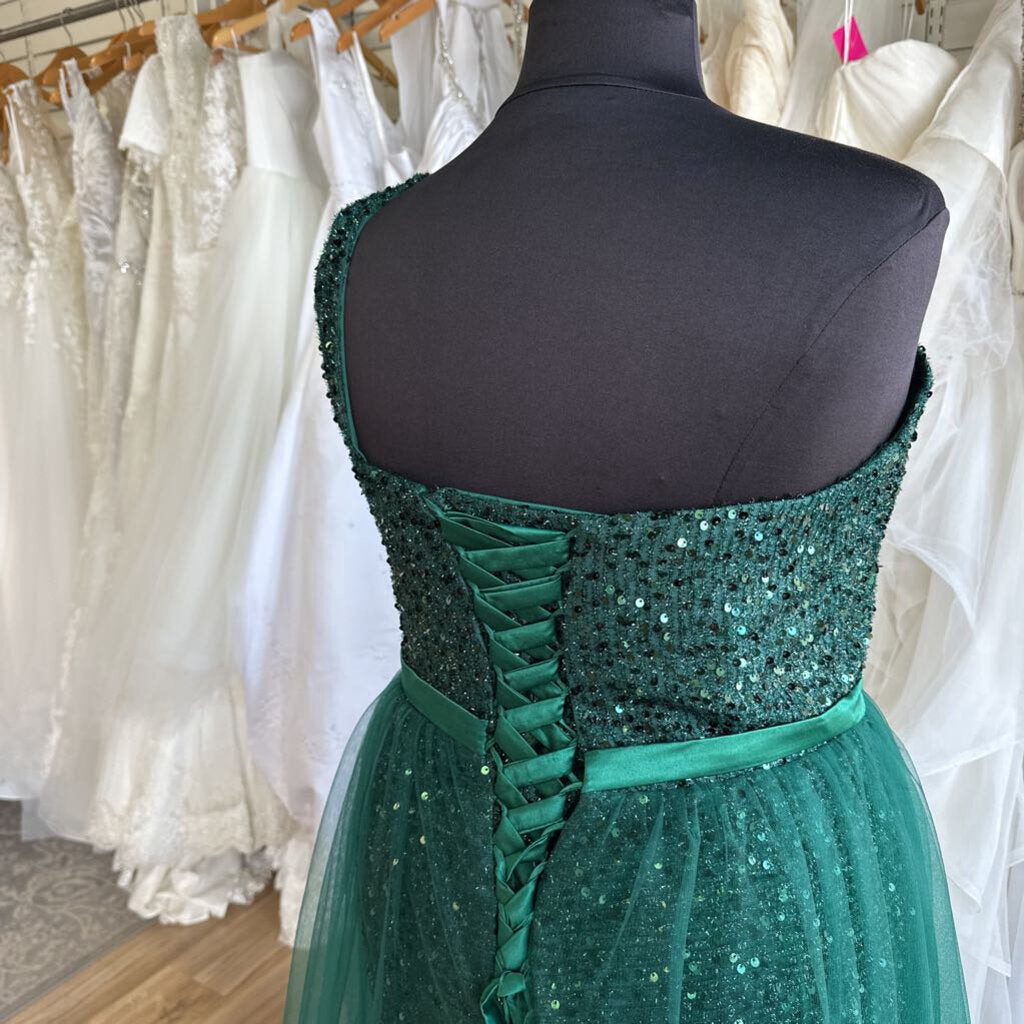 Green Sequin One Shoulder Lace Up Back Long Formal Dress 18