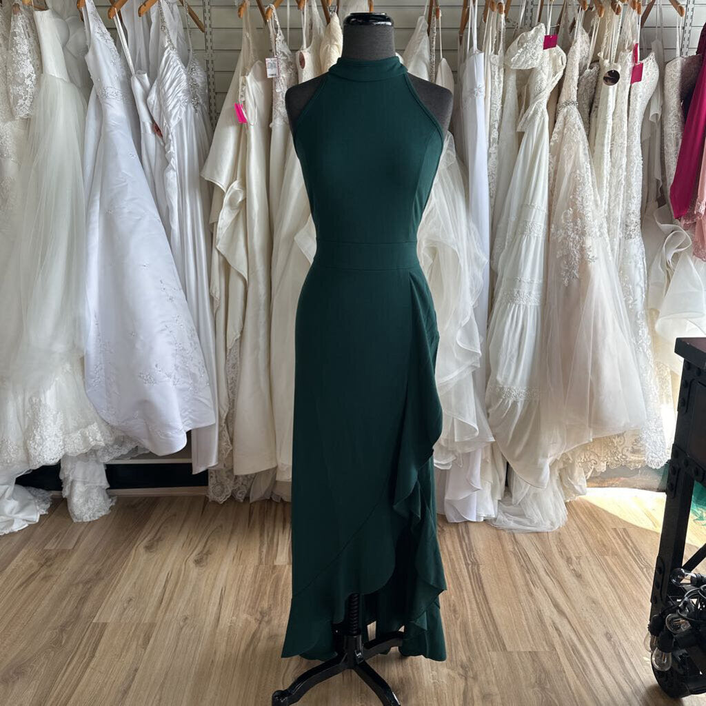 Woosea Green High Neck Ruffle Detail Long Formal Dress Extra Large