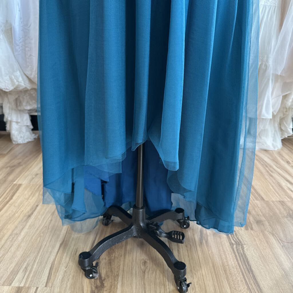Teal Blue Tulle Sparkle Cap Sleeve High Low Formal Dress Large