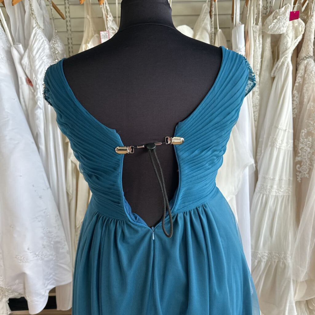 Teal Blue Tulle Sparkle Cap Sleeve High Low Formal Dress Large