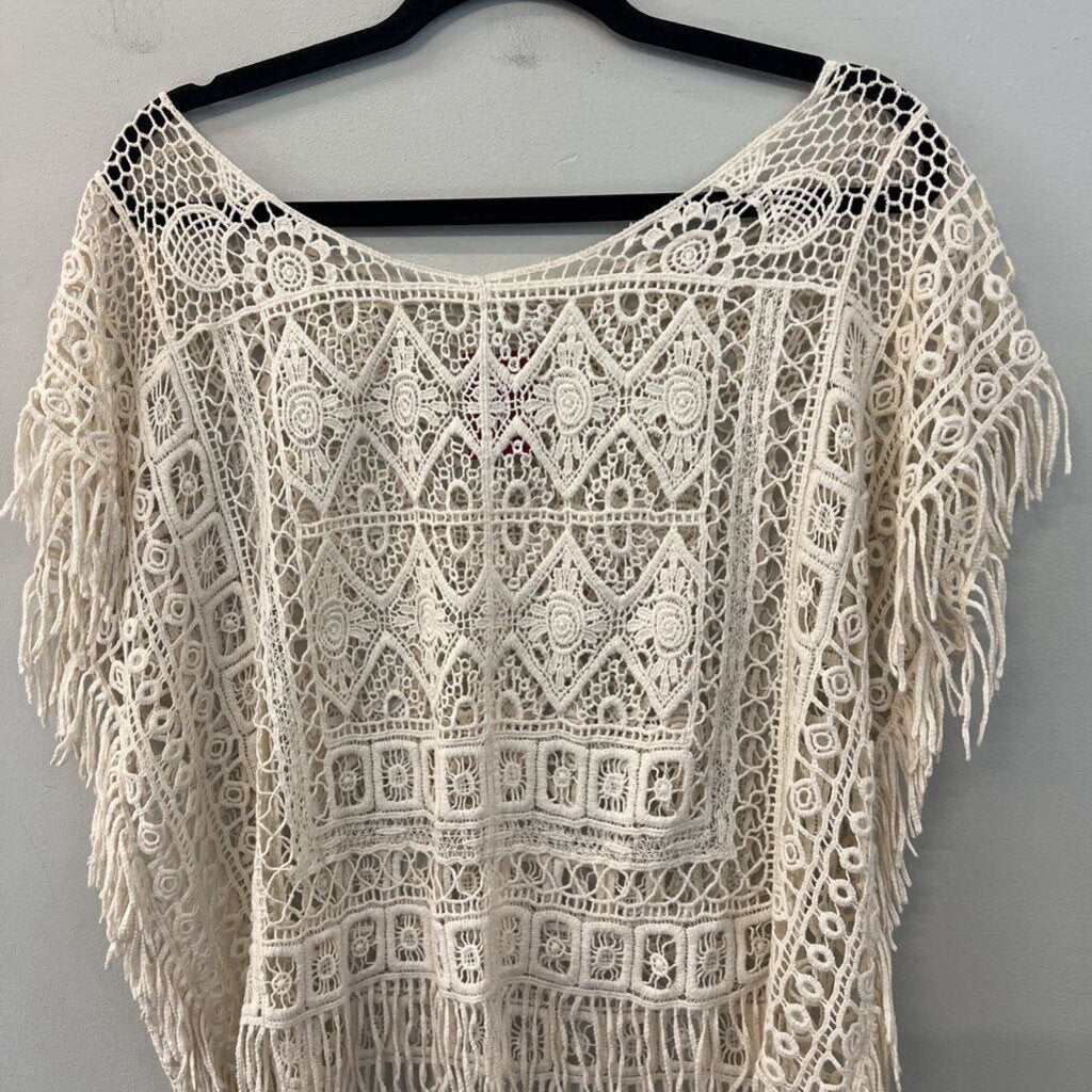 Cream Crochet Knit Short Sleeve Fringe Hem Top Medium
