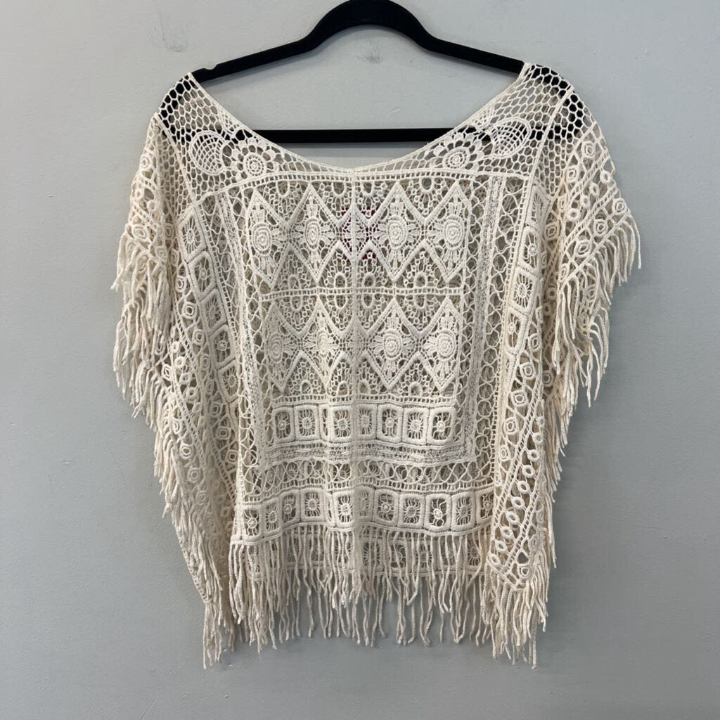 Cream Crochet Knit Short Sleeve Fringe Hem Top Medium
