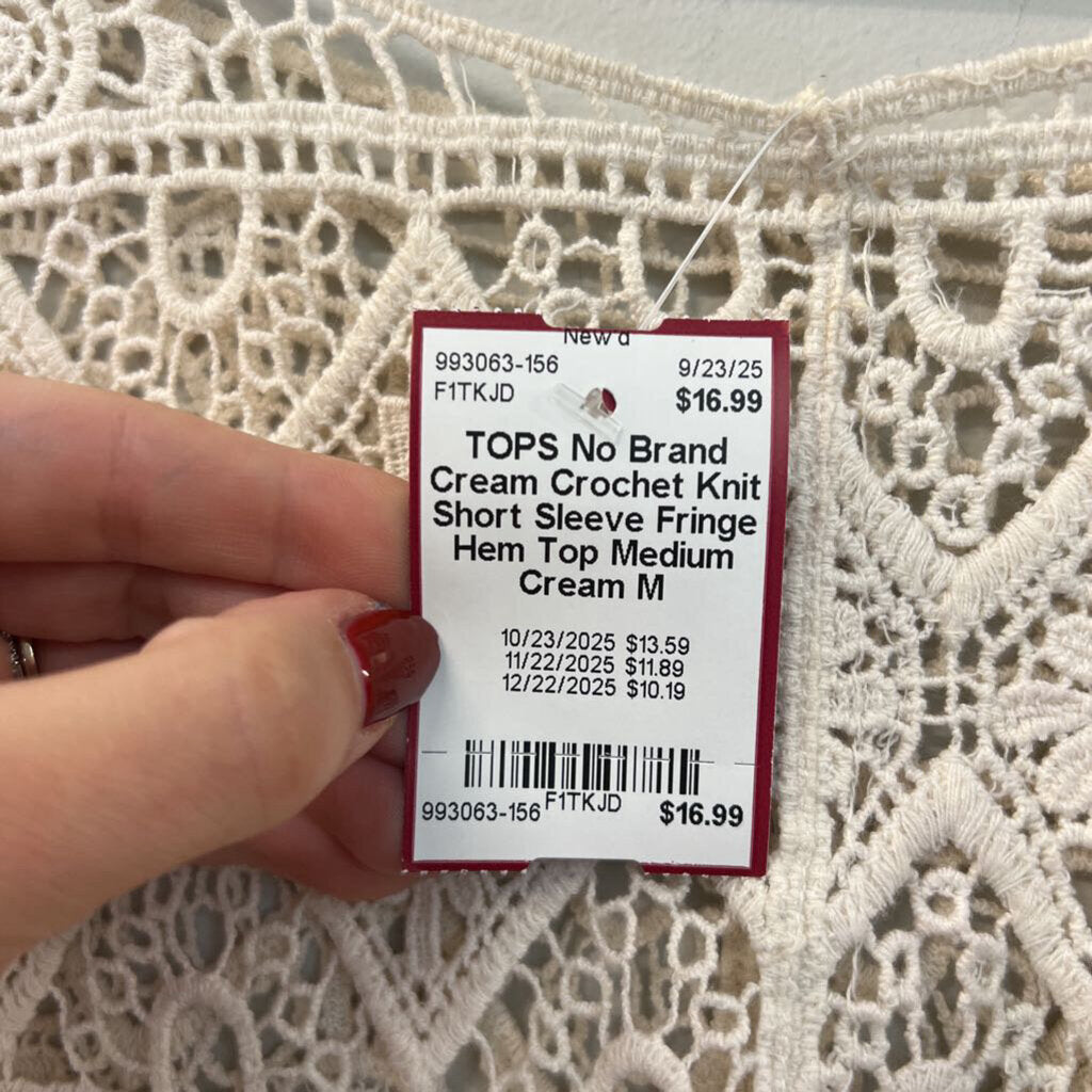 Cream Crochet Knit Short Sleeve Fringe Hem Top Medium