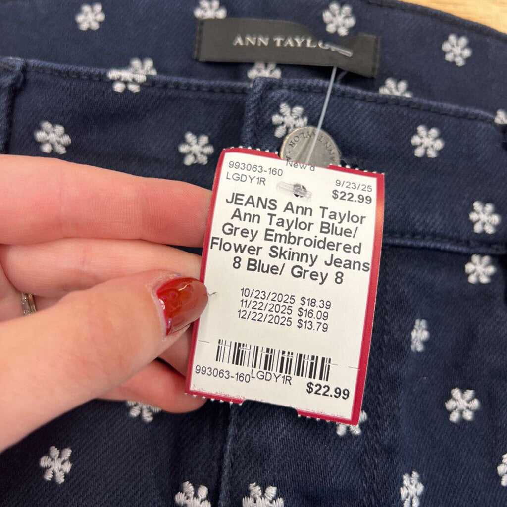 Ann Taylor Blue/ Grey Embroidered Flower Skinny Jeans 8