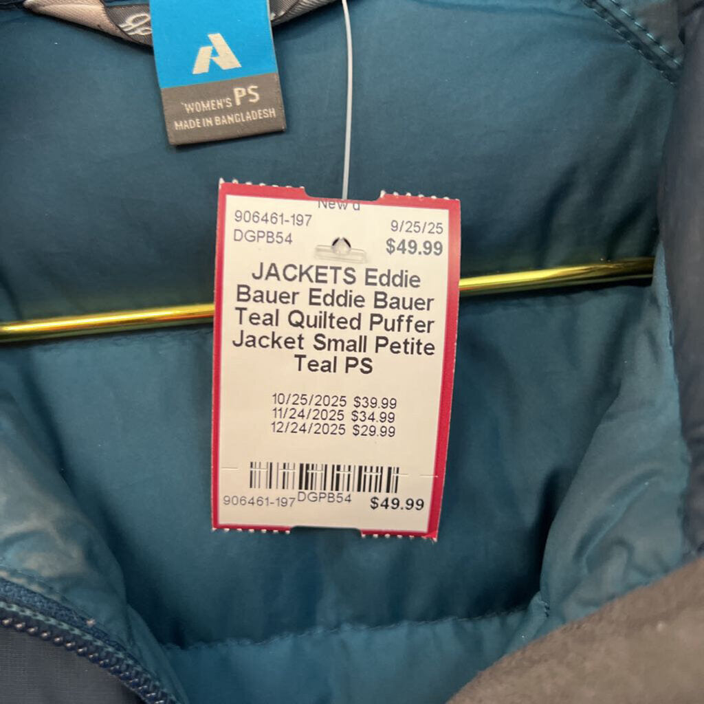 Eddie Bauer Teal Quilted Puffer Jacket Small Petite