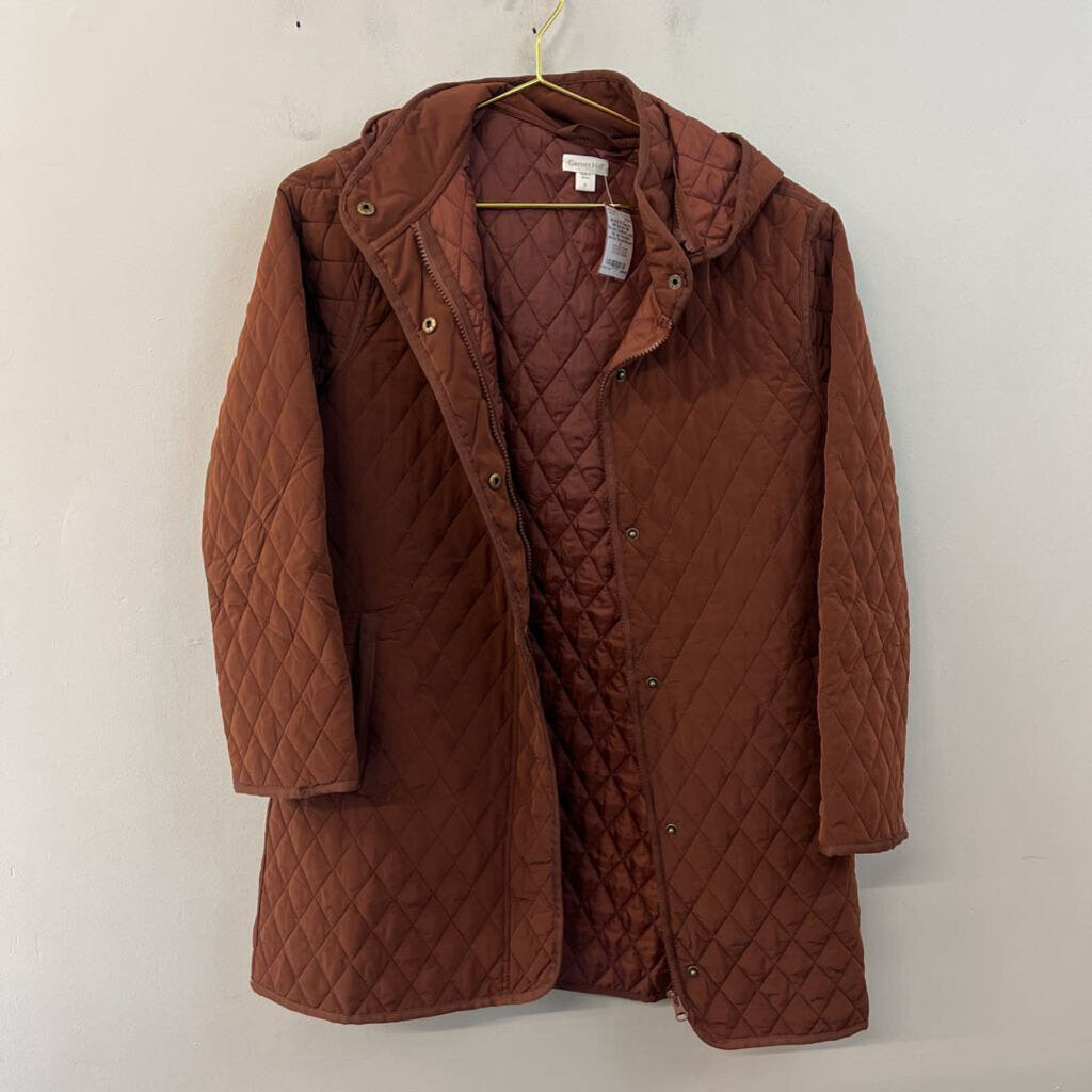Garnet Hill Brown Quilted Long Zip Up Hooded Jacket Small