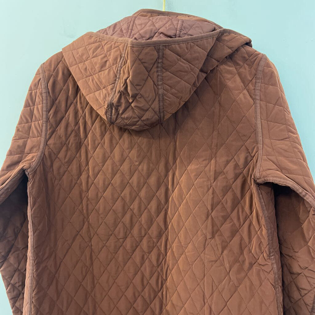 Garnet Hill Brown Quilted Long Zip Up Hooded Jacket Small