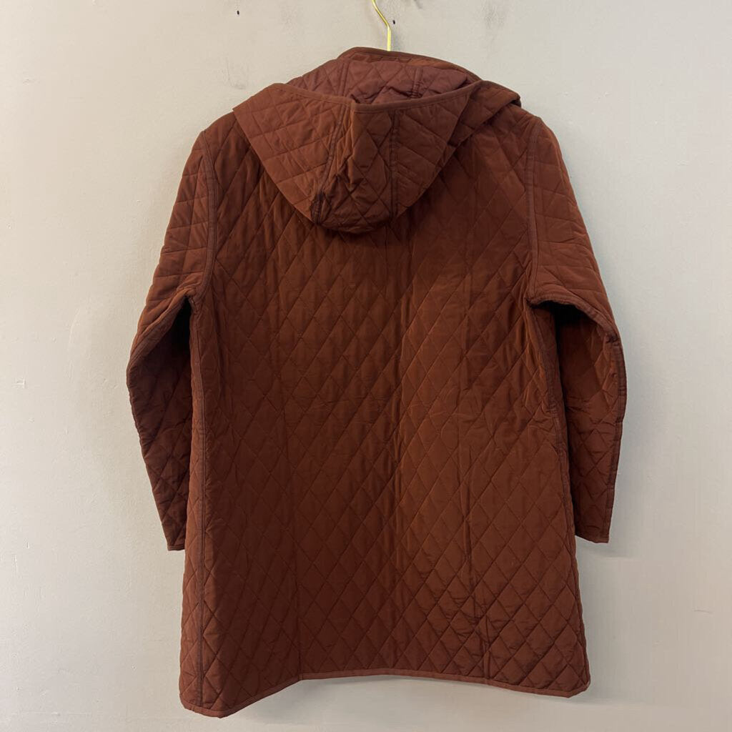 Garnet Hill Brown Quilted Long Zip Up Hooded Jacket Small