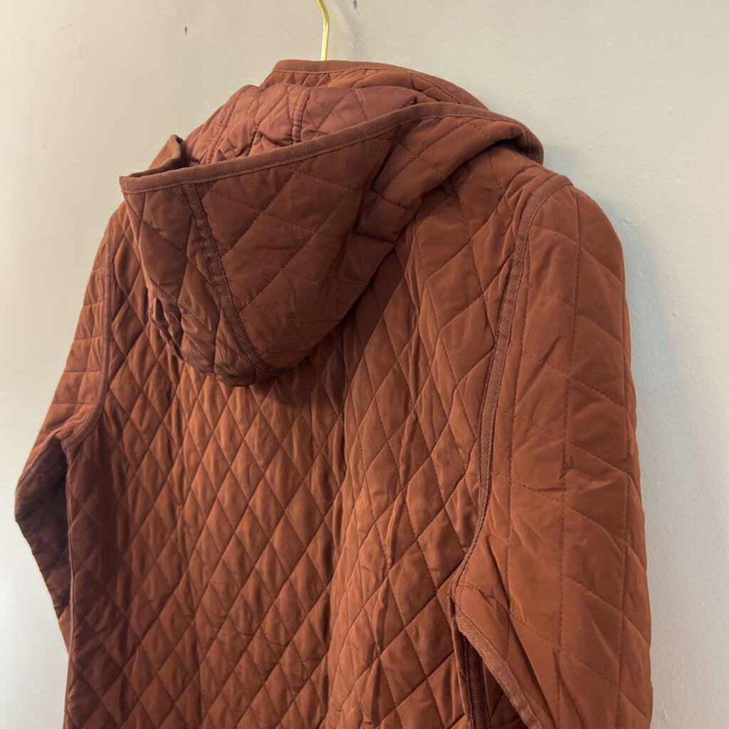 Garnet Hill Brown Quilted Long Zip Up Hooded Jacket Small