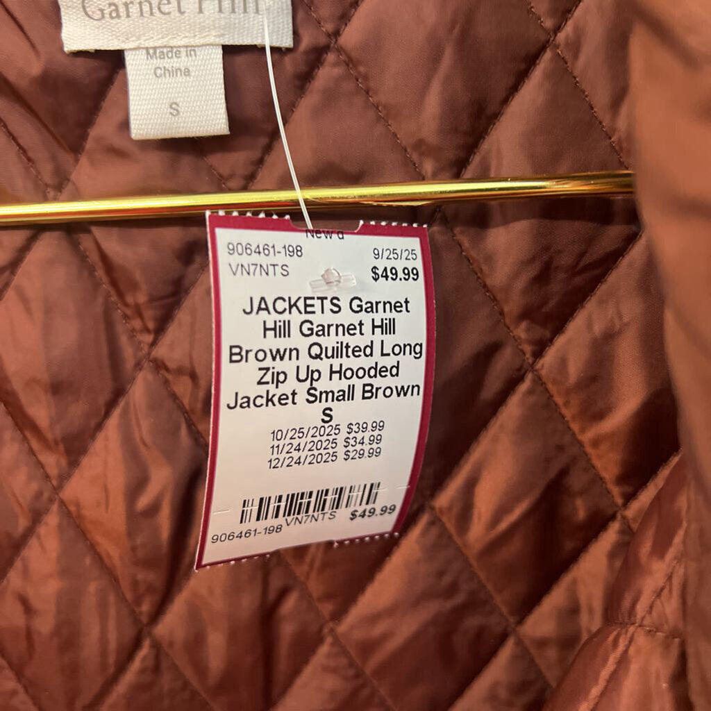 Garnet Hill Brown Quilted Long Zip Up Hooded Jacket Small