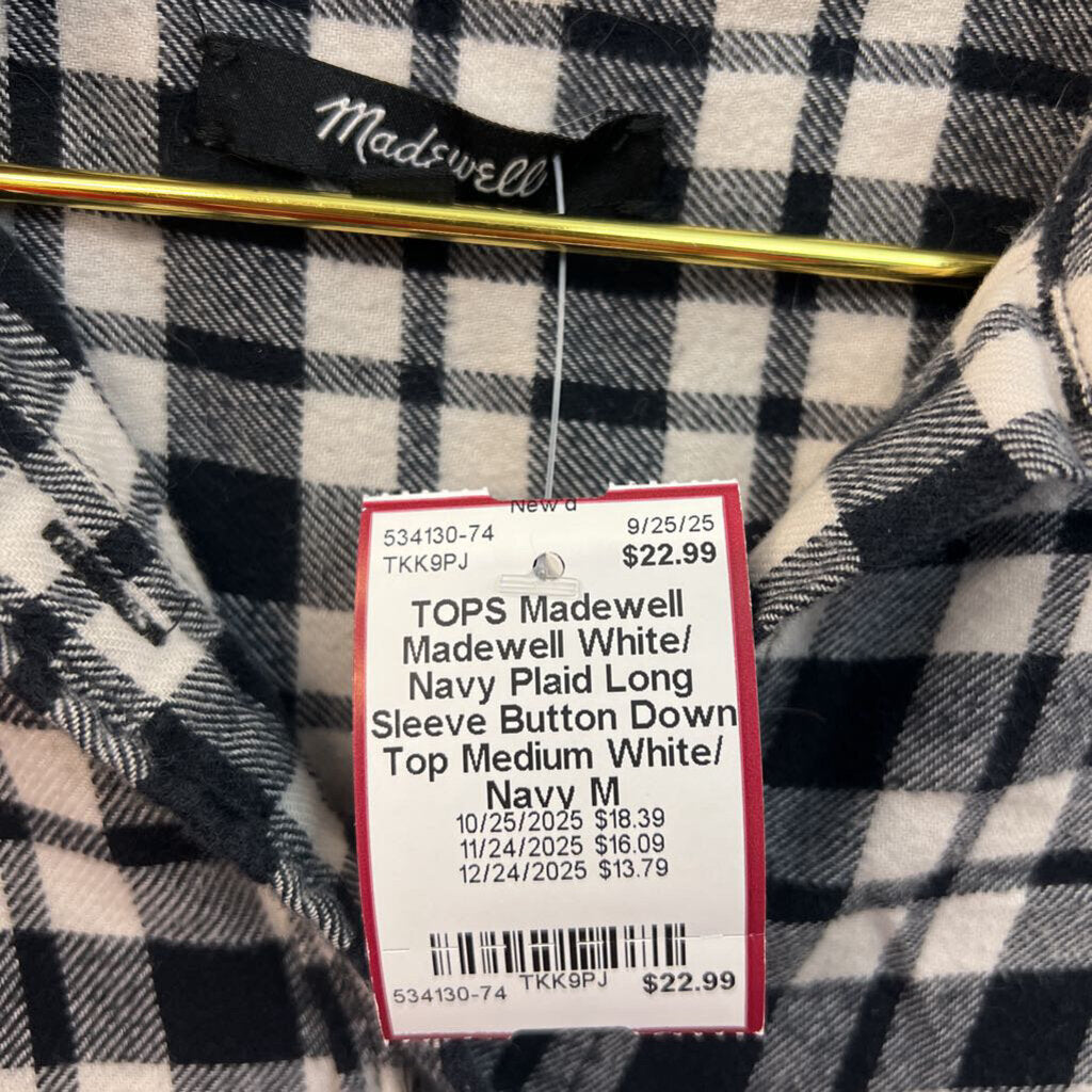 Madewell White/ Navy Plaid Long Sleeve Button Down Top Medium