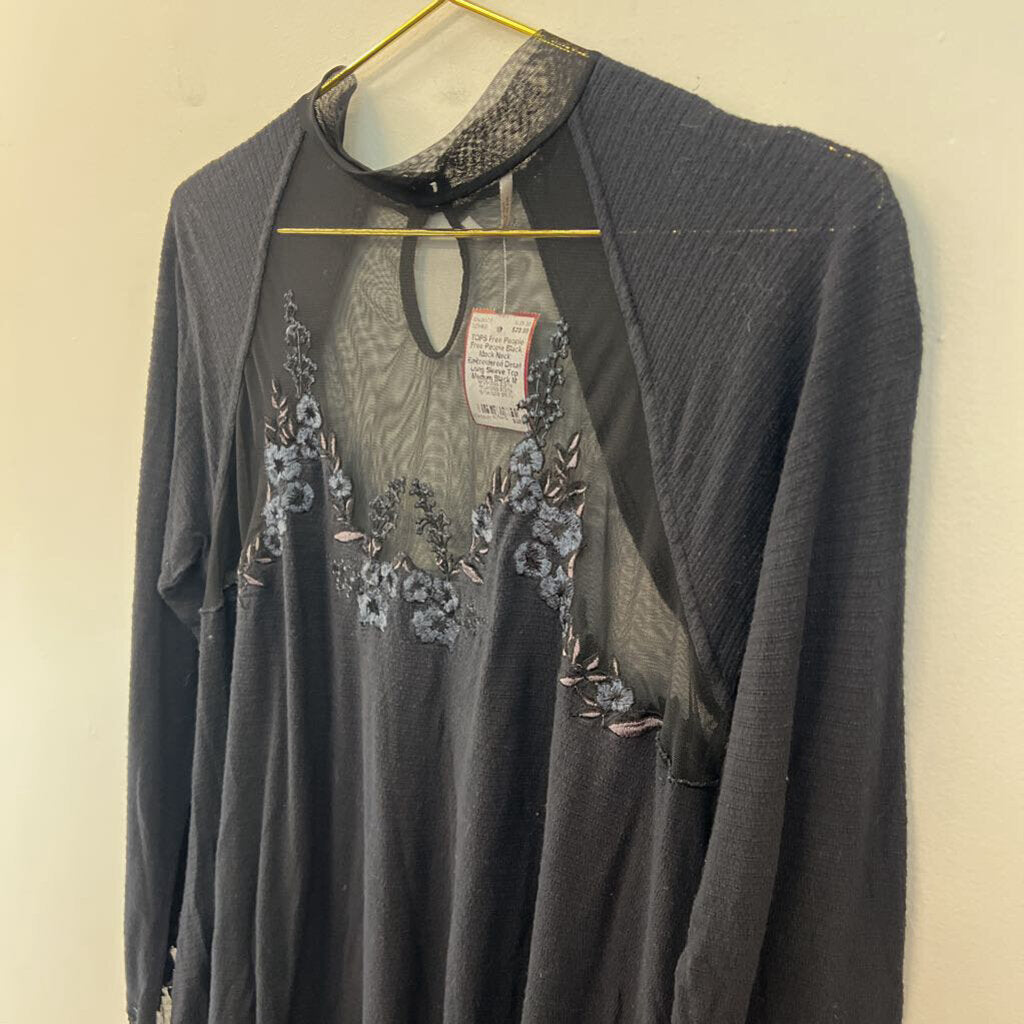 Free People Black Mock Neck Embroidered Detail Long Sleeve Top Medium