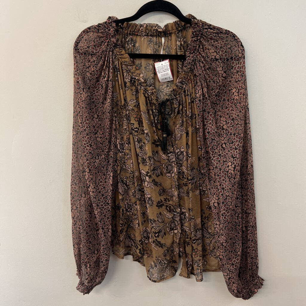 Free People Brown/ Black Print Long Sleeve Top Medium