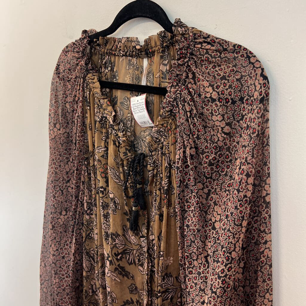 Free People Brown/ Black Print Long Sleeve Top Medium