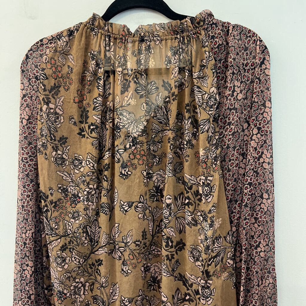 Free People Brown/ Black Print Long Sleeve Top Medium