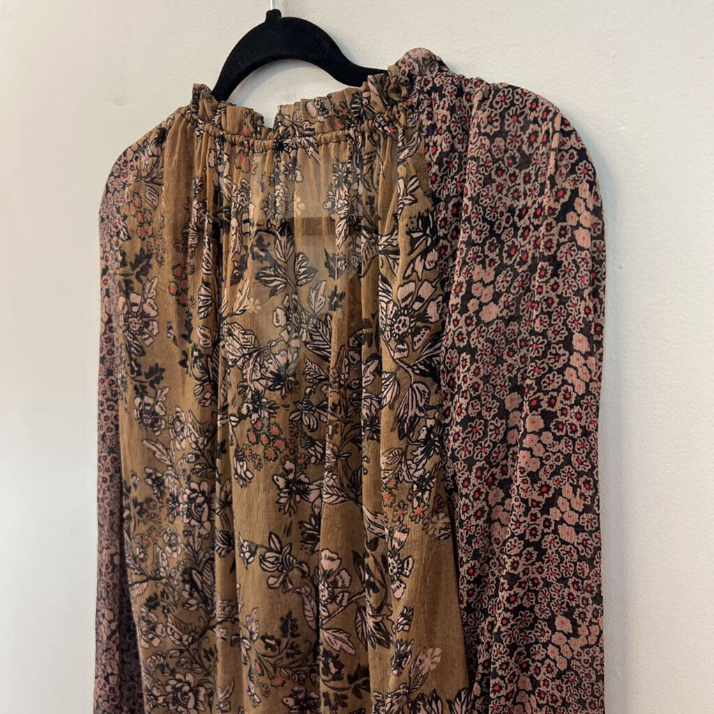 Free People Brown/ Black Print Long Sleeve Top Medium
