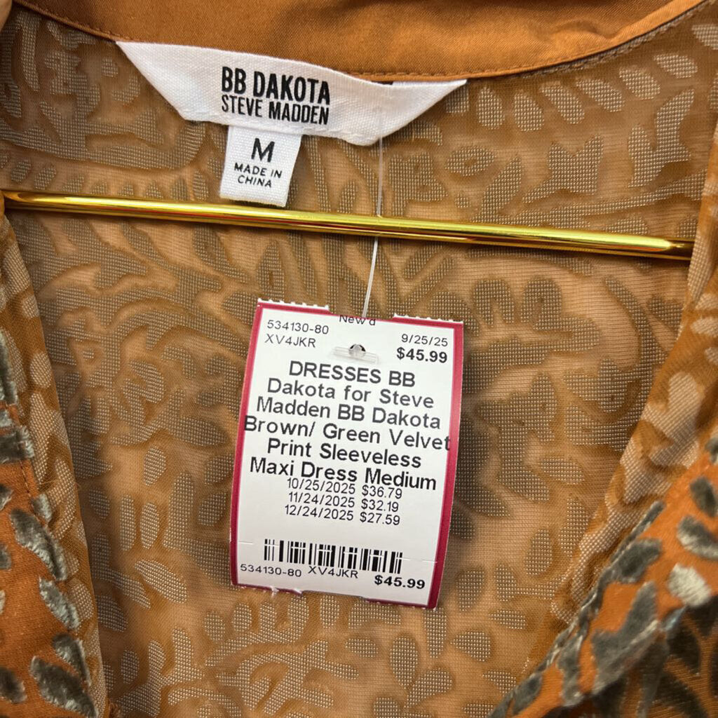 BB Dakota Brown/ Green Velvet Print Sleeveless Maxi Dress Medium