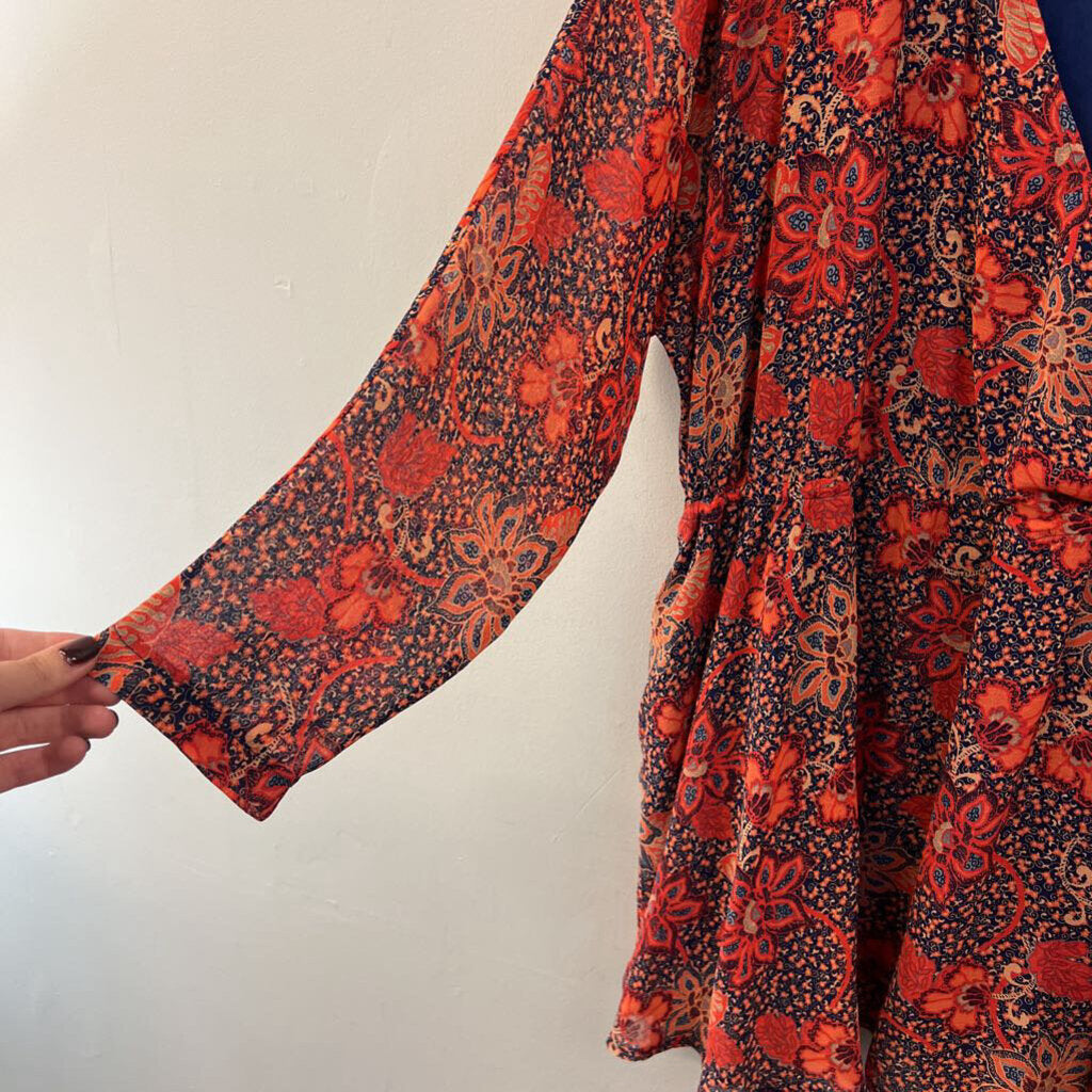 Free People Orange/ Navy Print Long Sleeve Dress Medium