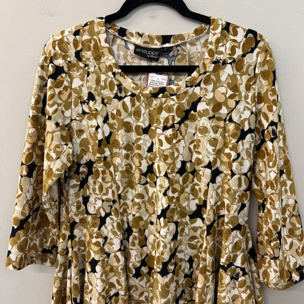 Attitudes White/ Brown Print Long Sleeve Top Medium