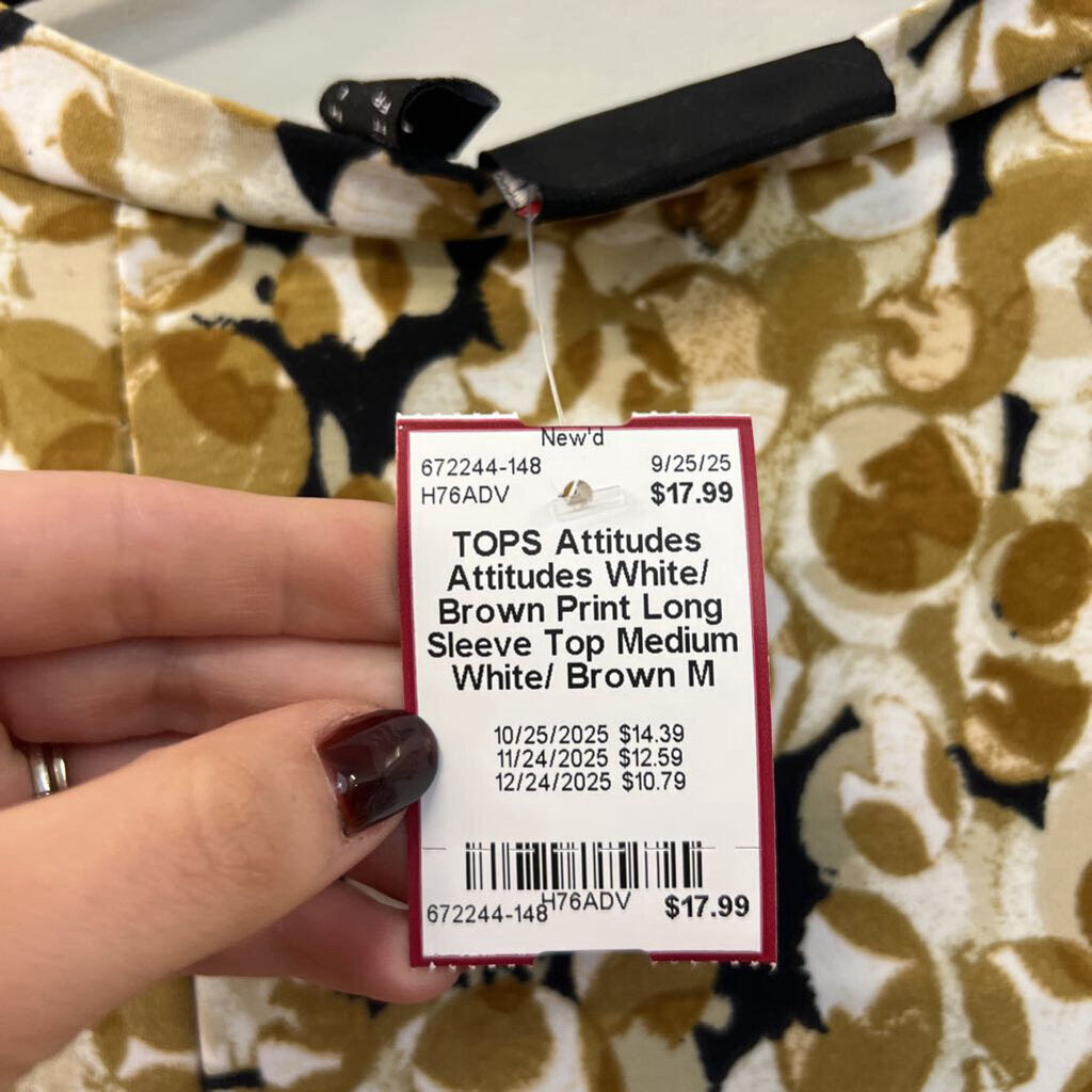 Attitudes White/ Brown Print Long Sleeve Top Medium