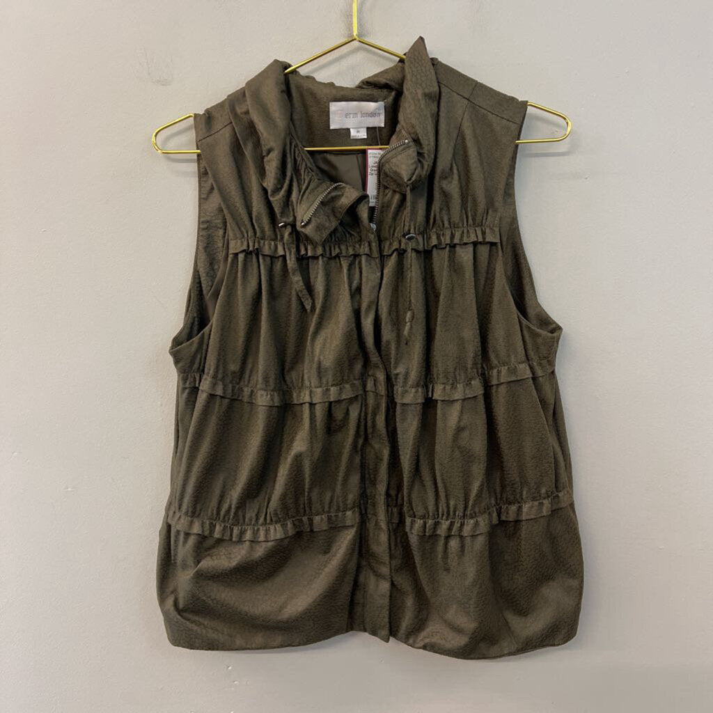Erin London Green Print Tiered Zip Up Vest Medium