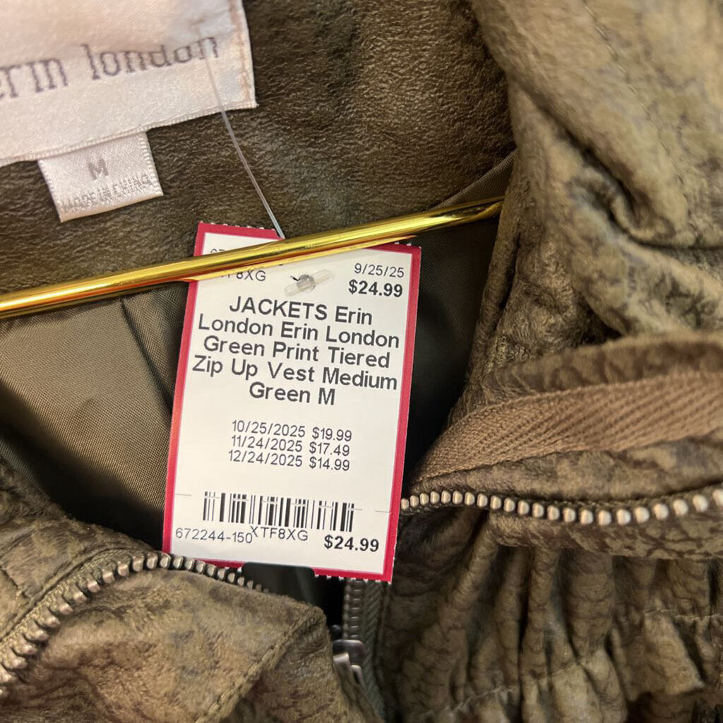 Erin London Green Print Tiered Zip Up Vest Medium