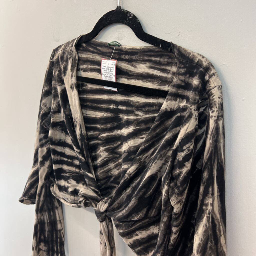Kathmandu Black/ Beige Tie Dye Cropped Long Sleeve Tie Front Top Medium