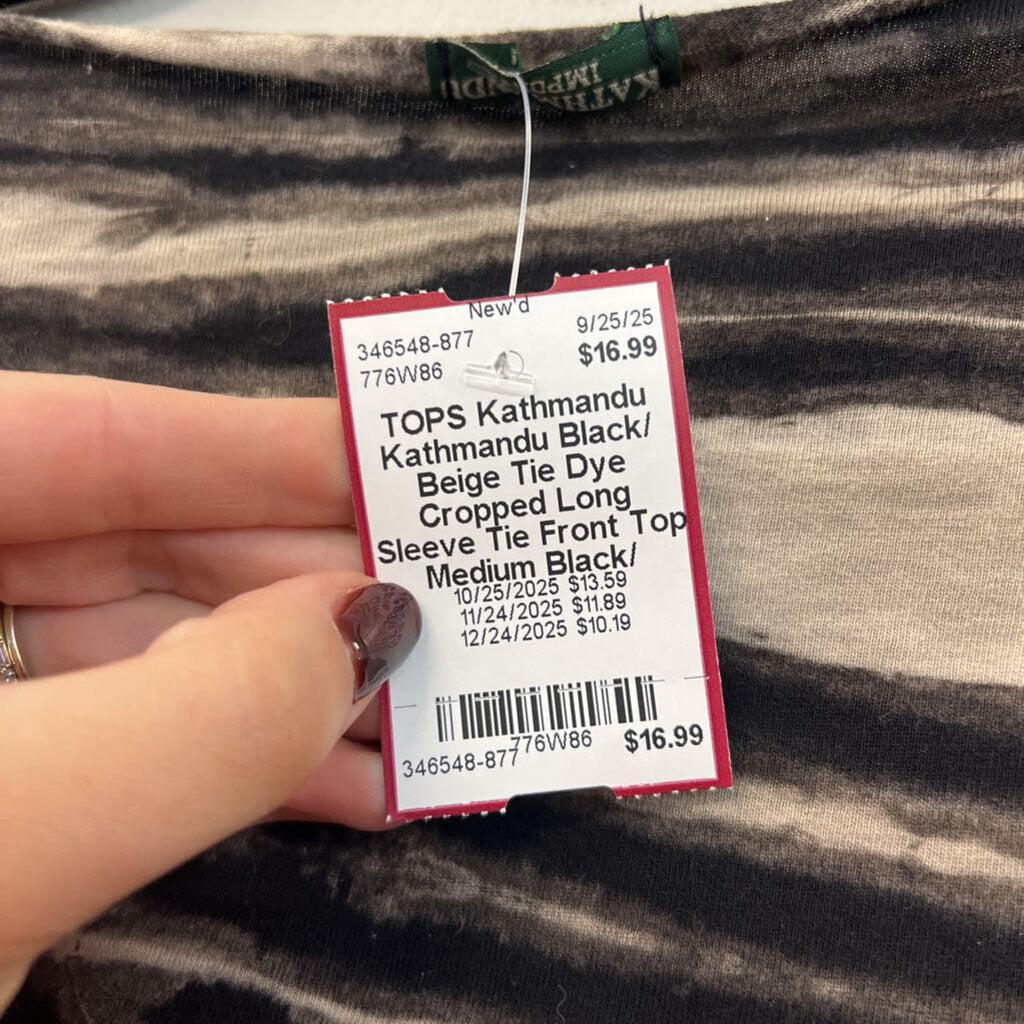 Kathmandu Black/ Beige Tie Dye Cropped Long Sleeve Tie Front Top Medium