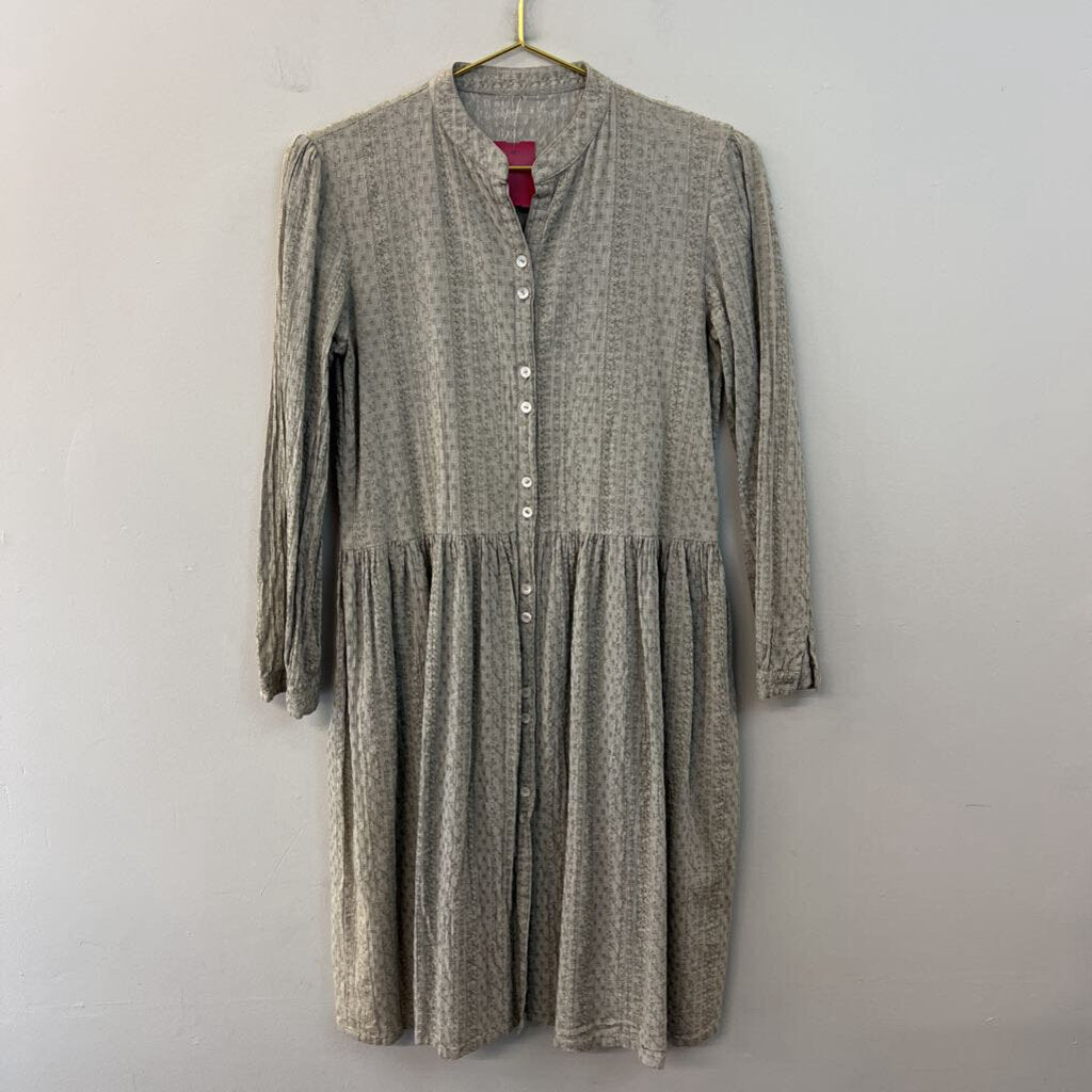 Green Embroidered Long Sleeve Button Front Dress Small