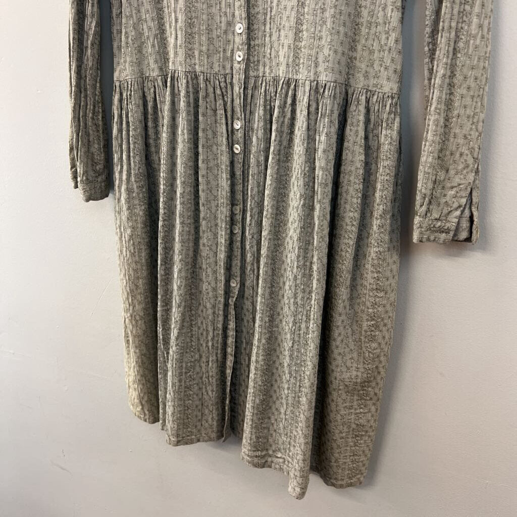 Green Embroidered Long Sleeve Button Front Dress Small