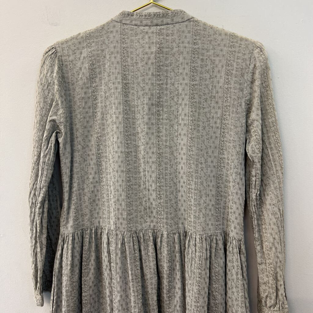 Green Embroidered Long Sleeve Button Front Dress Small