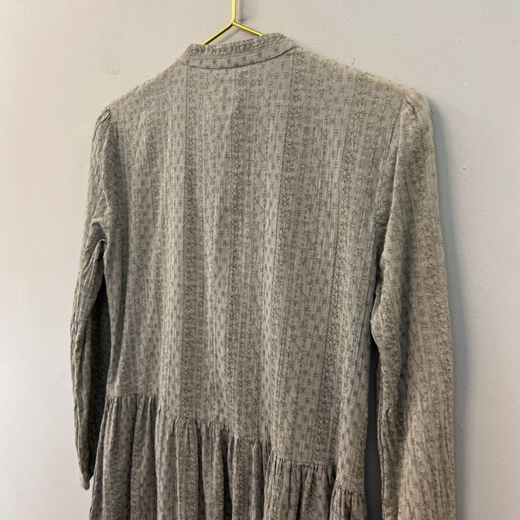 Green Embroidered Long Sleeve Button Front Dress Small