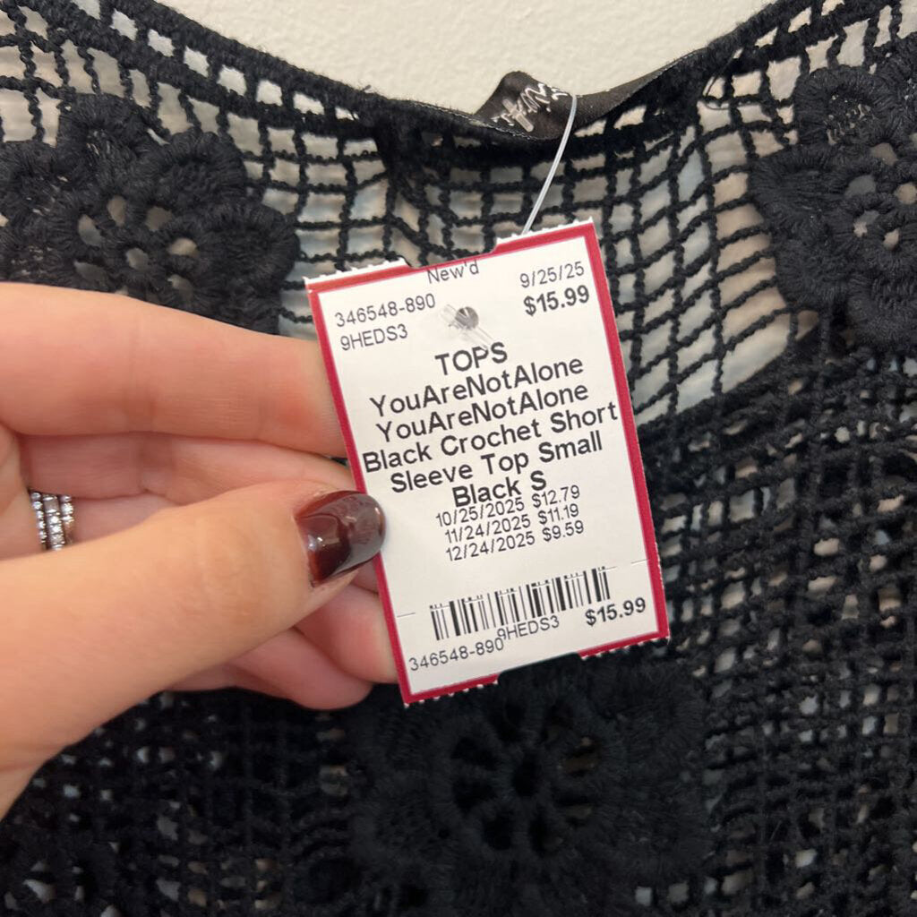 YouAreNotAlone Black Crochet Short Sleeve Top Small