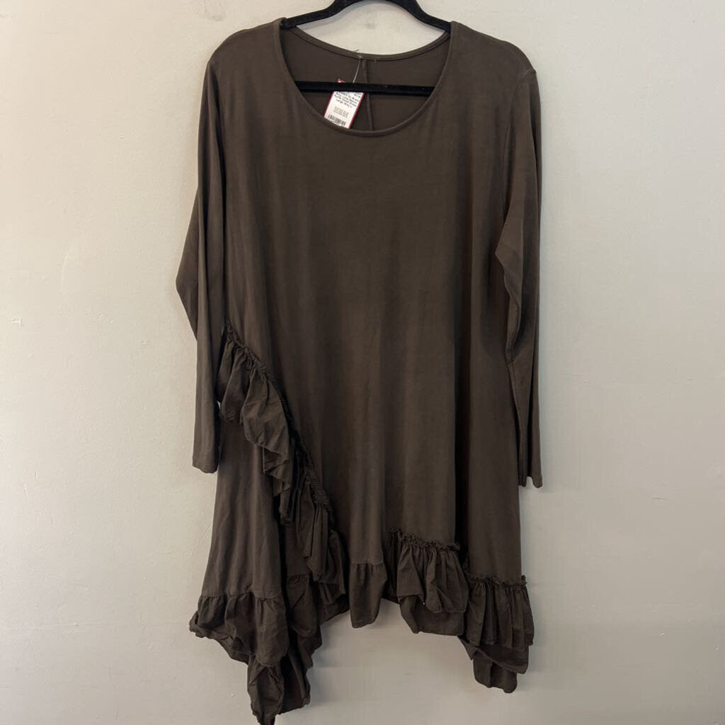 Grey Long Sleeve Ruffle Detail Dress Large